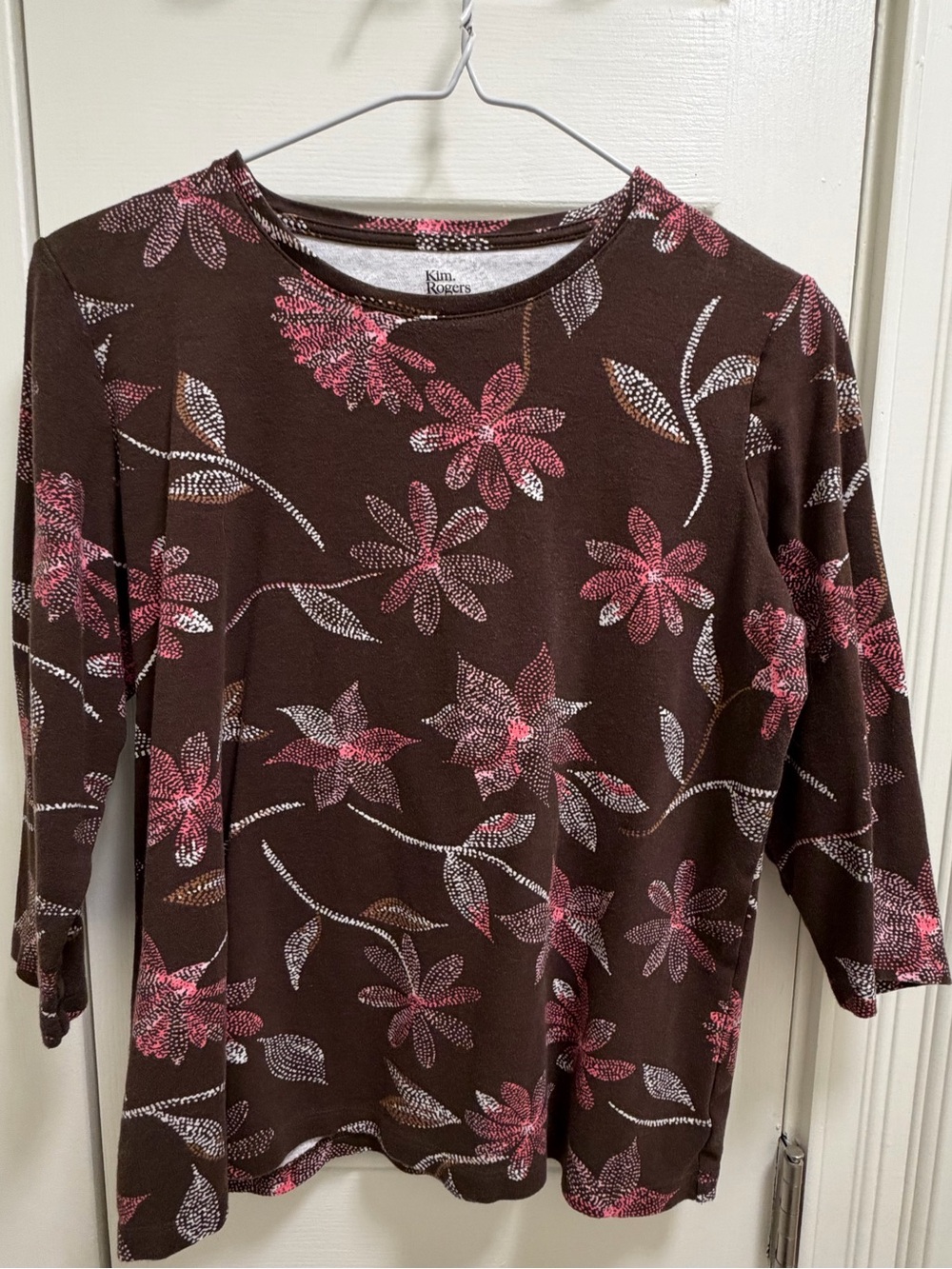 Kim Rogers Brown Long-Sleeve Floral Crewneck Top with Pink Accents